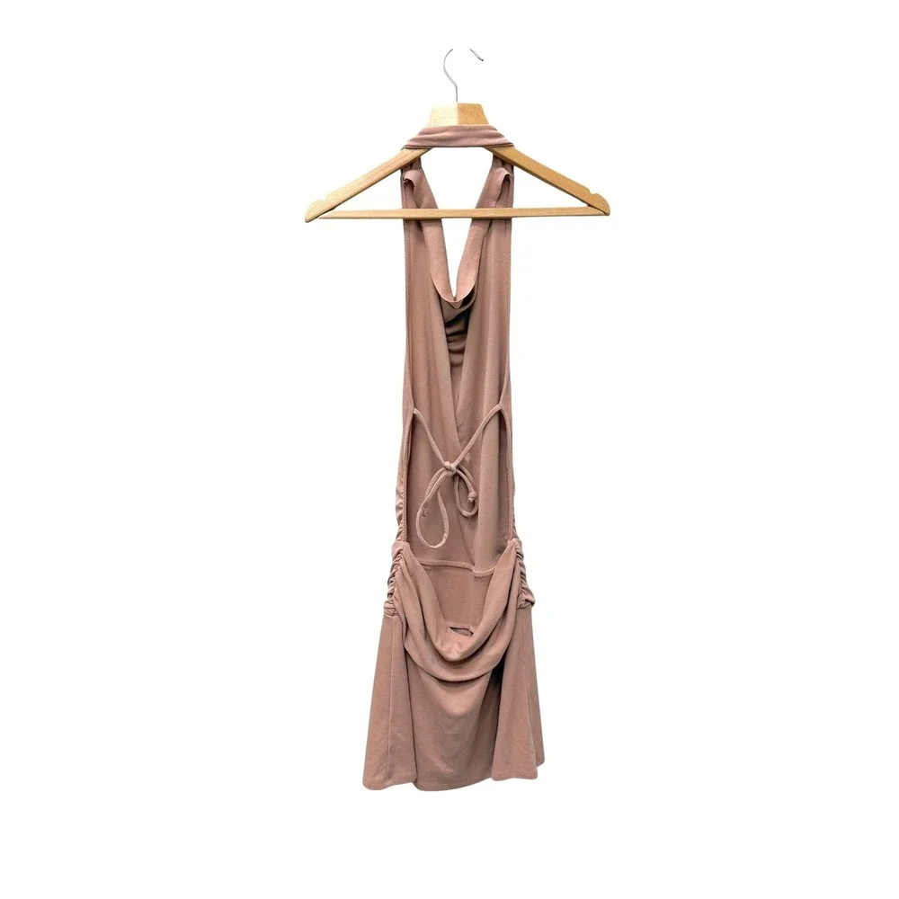 FP Beach Free People Cowl Neck Backless Halter Ruched Mini Dress Pink XS‎